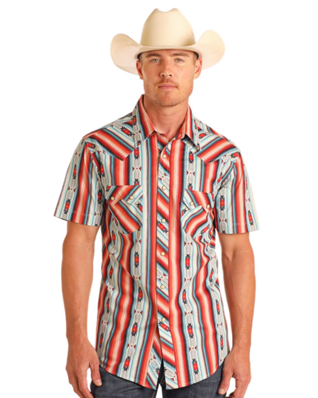 Men's Short Sleeve Western Shirt with Red Aztec Pattern, Rock & Roll Denim Men's Short Sleeve Western Shirt with Red Aztec Pattern, Rock & Roll Denim