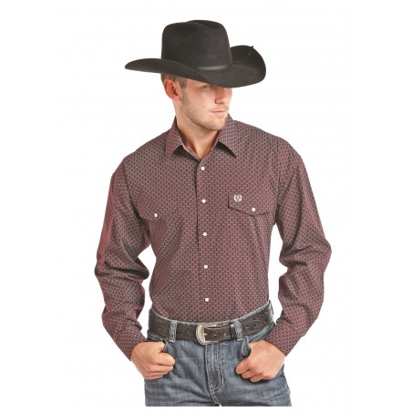 Western Shirt - Burgundy Peached Poplin Print Men - Panhandle