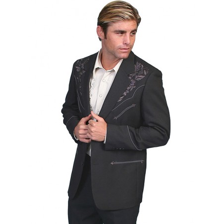 Blazer - Black Polyester Floral Tonal Embroidery Men - Scully