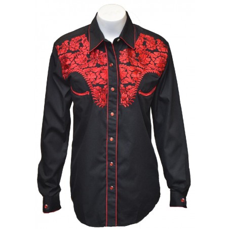 Vintage Western Shirt - Black Tooled Red Embroidery Women - Western Express