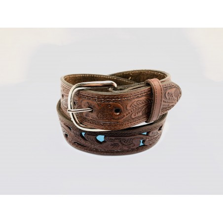 Ceinture - Cuir Vachette Marron Turquoise Brillant Unisexe - Texas Leather