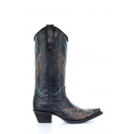 Cowgirl Boots - Cowhide Black Feathers Embroidery Women - Corral Boots