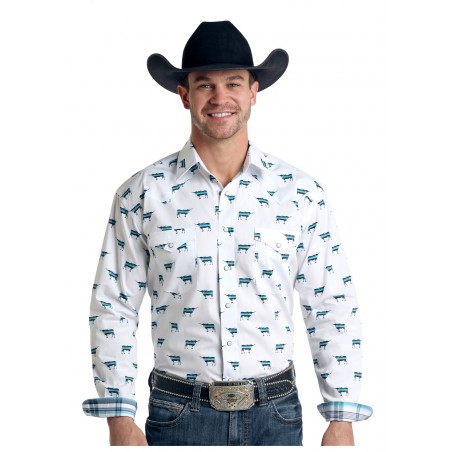 Chemise Western - Blanc Motif Longhorn Homme - Panhandle