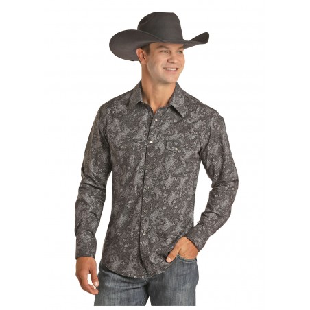 Western Shirt - Black Grey Paisley Print Men - Rock&Roll Cowboy