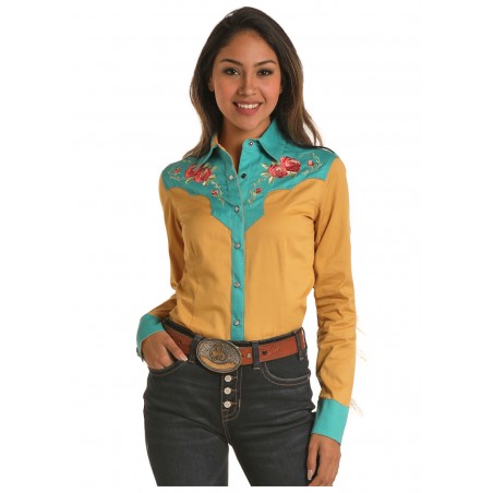 Western Shirt - Mustard Retro Fringe Embroidery Women - Rock&Roll Cowgirl  Size XS Color Moutarde