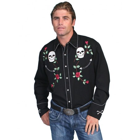 Vintage Western Shirt - Black Skull Roses Embroidery Men - Scully