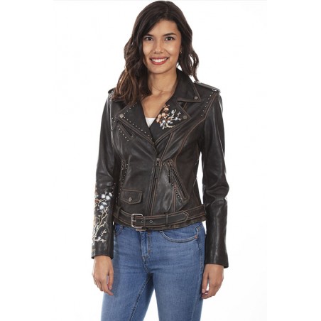 Leather Jacket - Vintage Black Embroidered Studded Women - Scully