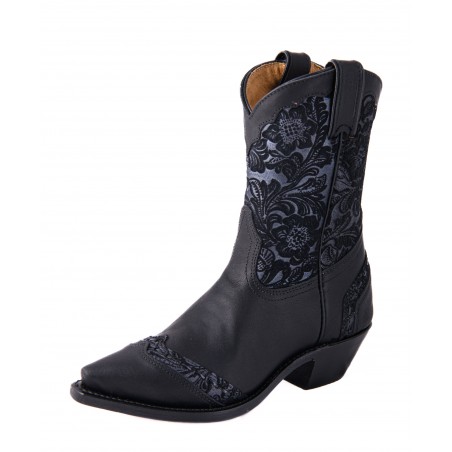 Mid Calf Boots - Cowhide Tooled Black Snip Toe Women - Boulet Boots