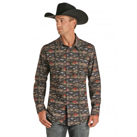 Western Shirt - Black Western Desert Print Men - Rock&Roll Cowboy