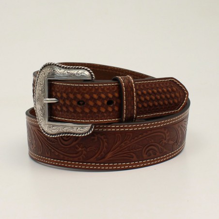 Wide Belt - Brown Cowhide Floral Basket Stamped Unisex - Nocona Belt