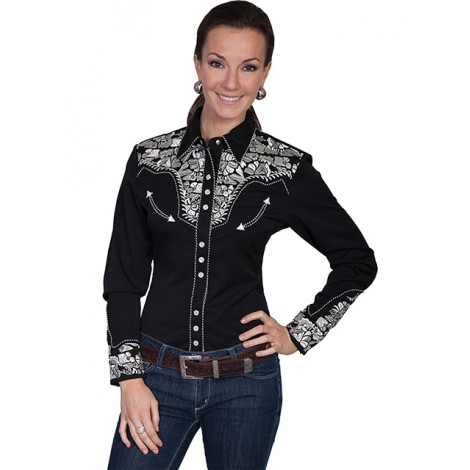 Vintage Western Shirt - Black Floral Embroidery Women - Scully Color ...