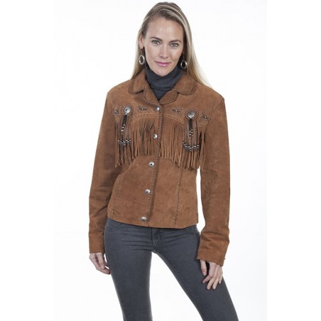 Leather Jacket - Brown Fringes Conchos Women - Scully