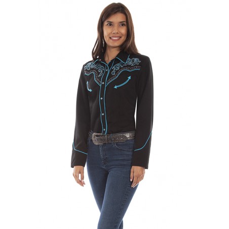 Chemise Western - Rétro Broderie Turquoise Femme - Scully