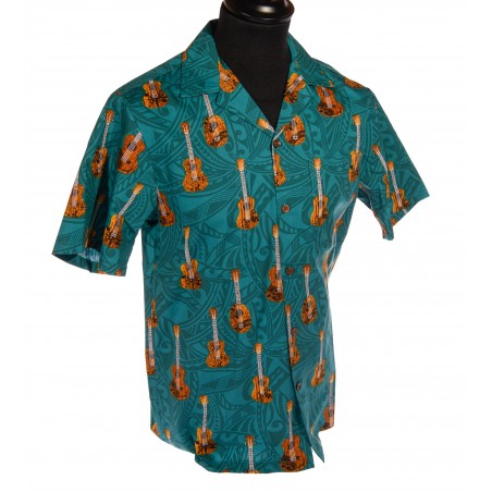 Hawaiian Shirt - Teal Tribal Ukulele Print Men - RJC