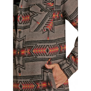 Men's Native Pattern Fleece Western Shirt in Black & Orange - XL