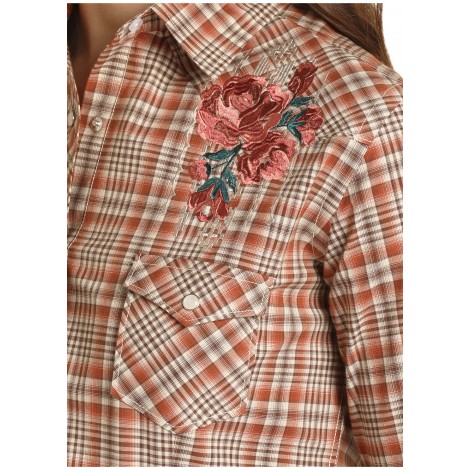 Western Shirt - Orange Plaid Floral Embroidery Women - Panhandle