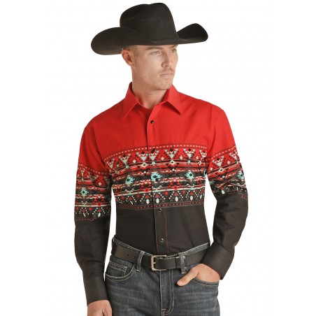 Chemise Western - Rouge Noir Motif Azteque Homme - Panhandle