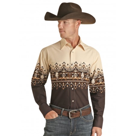 Western Shirt - Beige Brown Aztec Border Men - Panhandle