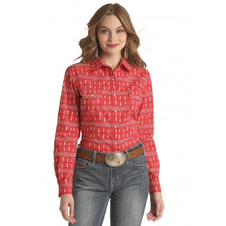 Chemise Western - Rouge Motif Plume Femme - Panhandle