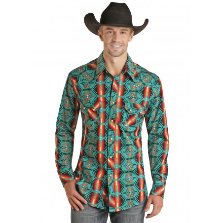 Chemise Western - Turquoise Orange Motif Azteque Homme - Rock&Roll Cowboy