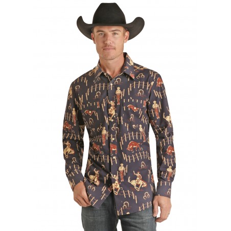 Western Shirt - Dark Blue Vintage Western Print Men - Rock&Roll Cowboy