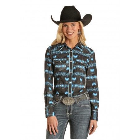 Chemise Western - Noir Motif Turquoise Azteque Femme - Rock&Roll Cowgirl