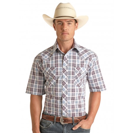 Western Short Sleeve Shirt - Blue Red Plaid Men - Panhandle