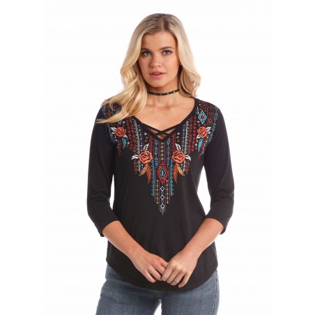 Top - Black Long Sleeves Multicolor Embroidery Women - Panhandle