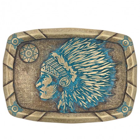 Western Buckle - Square Turquoise Indian Chief - Montana Silversmiths