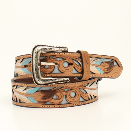 Belt - Brown Cowhide White Turquoise Feathers Unisex - Nocona Belt