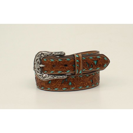 Belt - Brown Cowhide Turquoise Floral Pattern Unisex - Nocona Belt