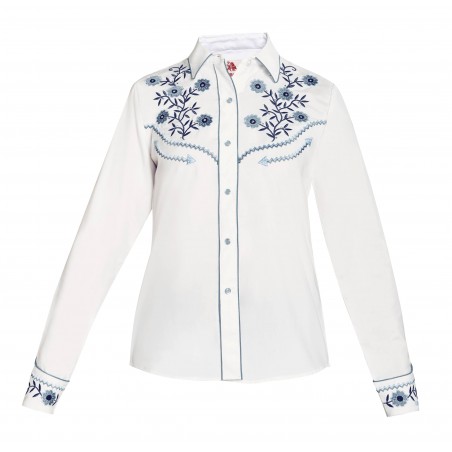 Chemise Western - Blanc Broderie Florale Bleu Strass Femme - Ranger's