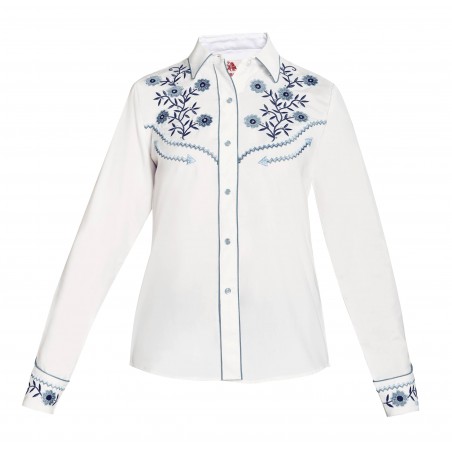 Vintage Western Shirt - White Blue Floral Embroidery Rhinestone Women -  Ranger's Color White Size XS