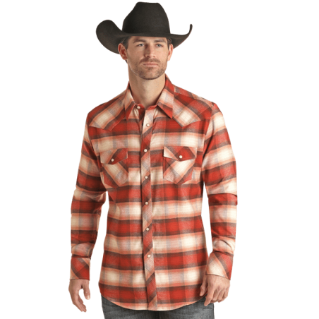 Flannel Shirt - Red Orange Plaid Men - Rock&Roll Cowboy