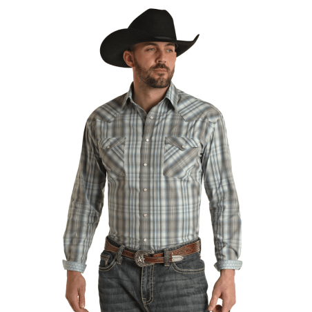 Chemise Western - Gris Bleu Carreaux Homme - Panhandle