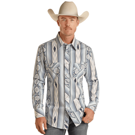 Western Shirt - Blue White Aztec Print Men - Rock&Roll Cowboy