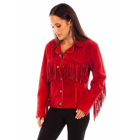 Leather Jacket - Suede Red Fringes Women - Scully