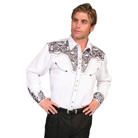 Chemise Western - Blanc Broderie Classique Gris Homme - Scully