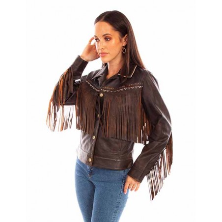 Leather Jacket Brown Fringe Embroidered Women Scully Size S Color Brun