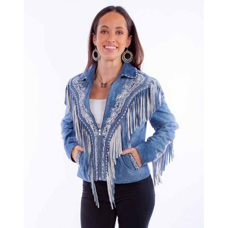 Leather Jacket - Blue Fringe Beaded Women - Scully