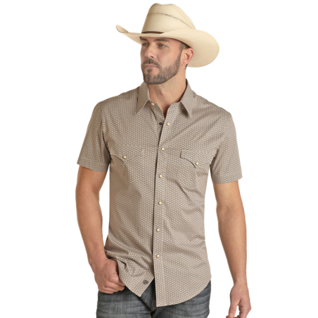 Western Short Sleeve Shirt - Khaki Geo Print Men - Rock&Roll Cowboy