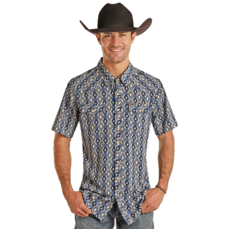 Western Short Sleeve Shirt - Blue Aztec Print Men - Panhandle Performance