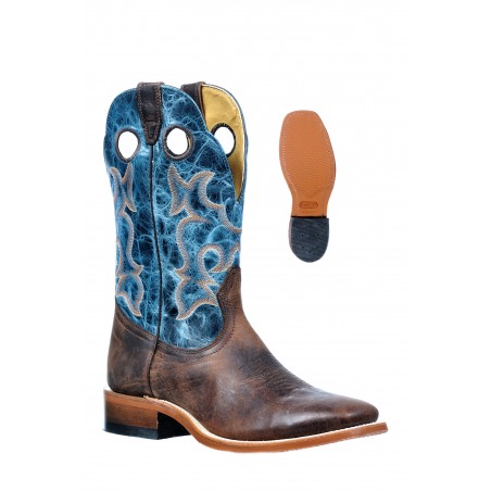 Bottes Roper - Cuir Bison Brun Bleu Bout Carré Large Talon Droit Homme - Boulet Boots