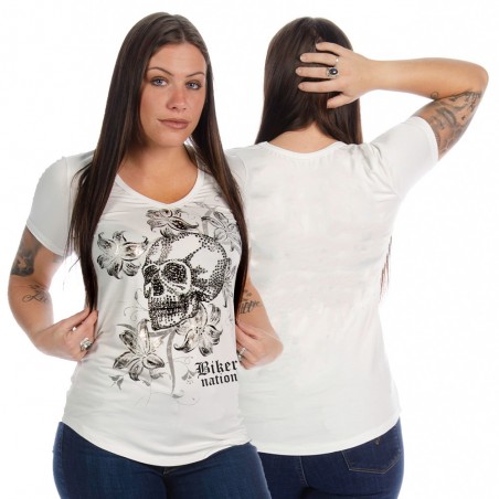 T-shirt - White Floral Skull Women - Liberty Wear