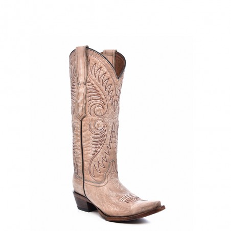 Bottes Western Hautes - Cuir Vachette Blanc Cassé Bout Pointu Femme - Corral Boots