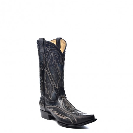 Cowboy Boots - Black Blue Cowhide Embroidery Snip Toe Men - Corral Boots