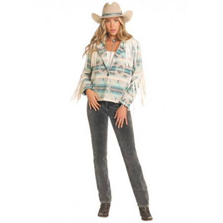 Fringe Jacket - White Aztec Print Women - Rock&Roll Cowgirl