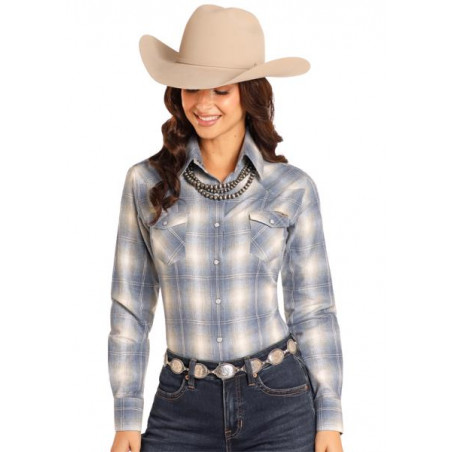 Flannel Shirt - Light Blue Plaid Women - Powder River