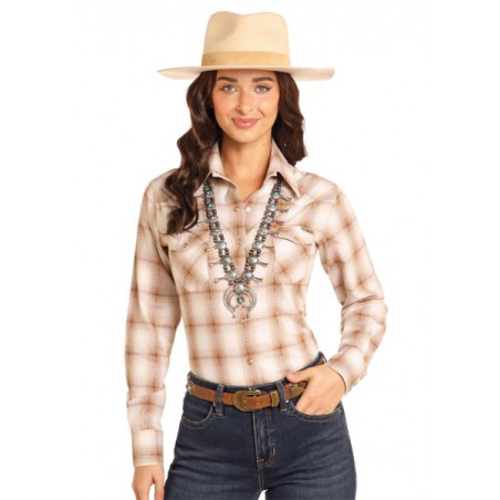 Flannel Shirt - Beige Plaid Women - Powder River