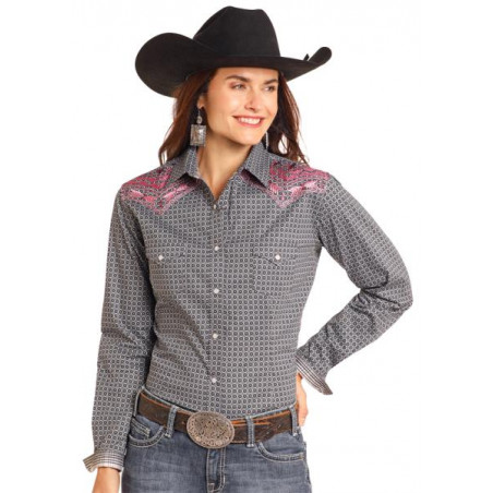 Western Shirt - Black White Print Embroidery Women - Panhandle